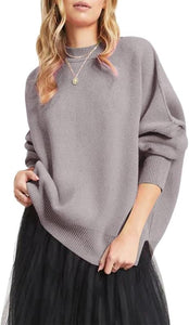 Fashionable Oversized Khaki Long Sleeve Side Slit Knit Sweater