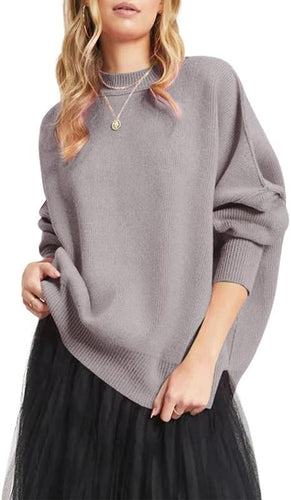 Fashionable Oversized Grey Long Sleeve Side Slit Knit Sweater