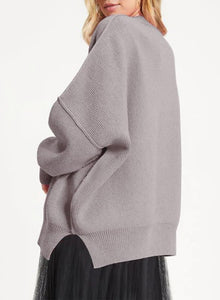 Fashionable Oversized White Long Sleeve Side Slit Knit Sweater