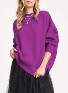 Fashionable Oversized Purple Long Sleeve Side Slit Knit Sweater