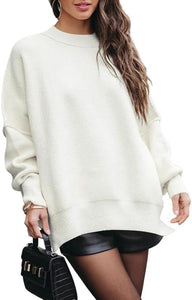 Fashionable Oversized Khaki Long Sleeve Side Slit Knit Sweater