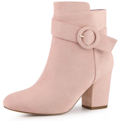 Dust Pink Chic Suede Round Toe Buckle Heel Ankle Boots