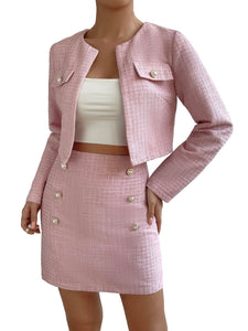 Dusty Pink Plaid Tweed Blazer Jacket & Skirt Set