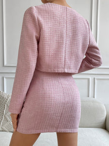Dusty Pink Plaid Tweed Blazer Jacket & Skirt Set