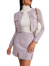 Load image into Gallery viewer, Dusty Purple Plaid Tweed Blazer Jacket &amp; Skirt Set