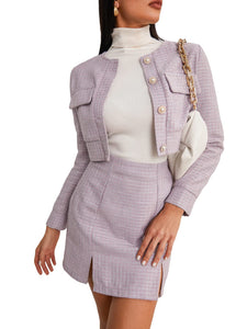 Dusty Purple Plaid Tweed Blazer Jacket & Skirt Set