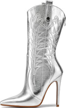 Load image into Gallery viewer, Glam Godded Silver Embroidered Mid Calf Stiletto Boots