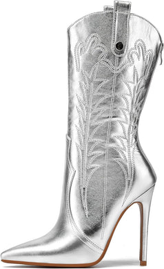 Glam Godded Silver Embroidered Mid Calf Stiletto Boots