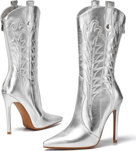 Glam Godded Silver Embroidered Mid Calf Stiletto Boots