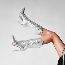 Load image into Gallery viewer, Glam Godded Silver Embroidered Mid Calf Stiletto Boots