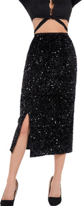 Sparkle Chic Black Sequin Stretch Midi Skirt