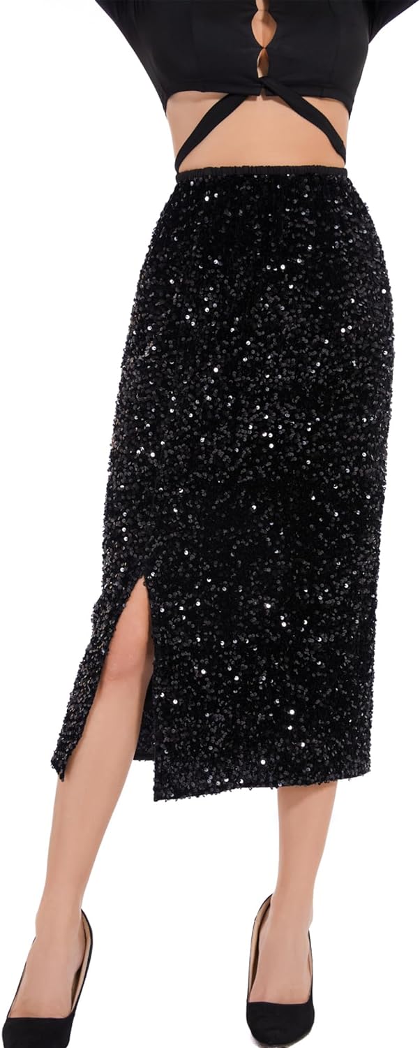 Sparkle Chic Black Sequin Stretch Midi Skirt