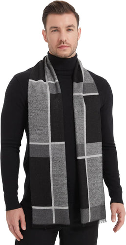 Men's Luxury Plaid Grey Cashmere Feel Scarf