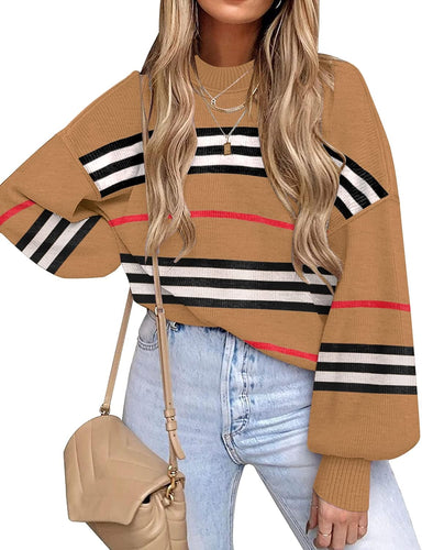 Stylish Plaid Striped Brown Long Sleeve Loose Fit Sweater