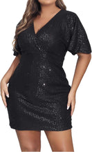 Load image into Gallery viewer, Plus Size Sequin Black Short Sleeve Mini Dress