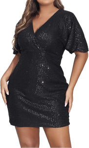 Plus Size Sequin Black Short Sleeve Mini Dress