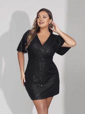 Plus Size Sequin Black Short Sleeve Mini Dress