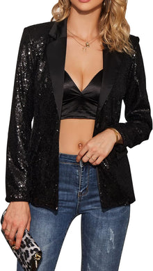 Shiny Black Sequins Long Sleeve Blazer Jacket