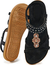 Load image into Gallery viewer, Boho Rhinestone Beaded Black Ankle Strap Sandals