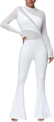 Fashionable White Mesh Long Sleeve Flared Jumpsuit