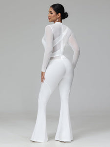 Fashionable White Mesh Long Sleeve Flared Jumpsuit