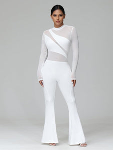 Fashionable White Mesh Long Sleeve Flared Jumpsuit