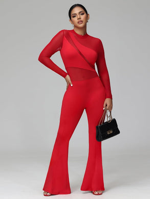 Fashionable Red Mesh Long Sleeve Flared Jumpsuit