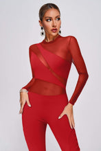 Load image into Gallery viewer, Fashionable Red Mesh Long Sleeve Flared Jumpsuit
