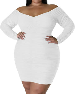 Plus Size Ruched White Long Sleeve Off Shoulder Mini Dress