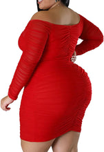 Load image into Gallery viewer, Plus Size Ruched White Long Sleeve Off Shoulder Mini Dress