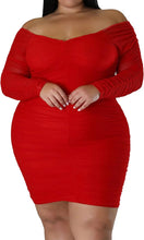 Load image into Gallery viewer, Plus Size Ruched White Long Sleeve Off Shoulder Mini Dress
