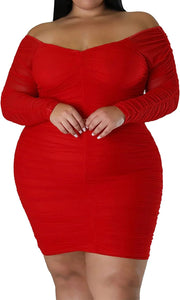 Plus Size Ruched White Long Sleeve Off Shoulder Mini Dress