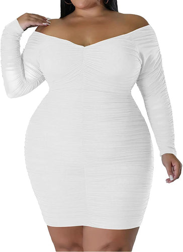 Plus Size Ruched White Long Sleeve Off Shoulder Mini Dress