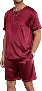 Men's Satin Solid Gold Print Pajama Short Sleeve Top & Pants Set