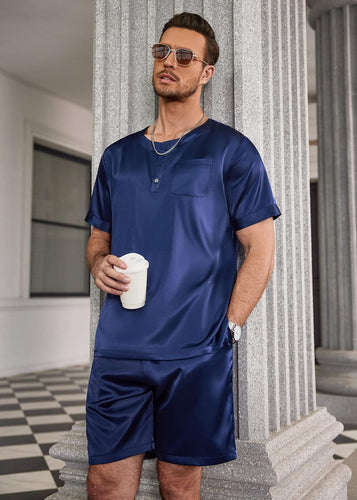 Men's Satin Solid Blue Pajama Short Sleeve Top & Pants Set