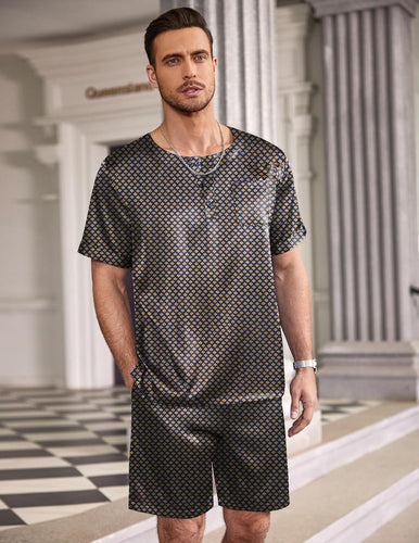 Men's Satin Solid Gold Print Pajama Short Sleeve Top & Pants Set