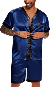 Men's Satin Silver Pajama Short Sleeve Top & Pants Set