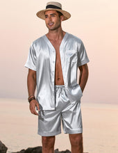 Load image into Gallery viewer, Men&#39;s Satin Black/Red Pajama Short Sleeve Top &amp; Pants Set