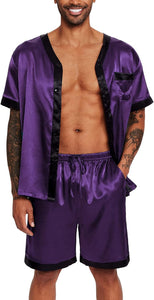 Men's Satin Silver Pajama Short Sleeve Top & Pants Set