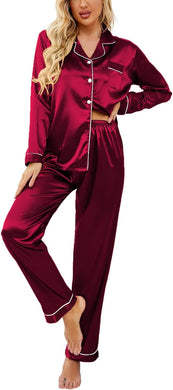 Holiday Satin Red Wine Printed Long Sleeve Pajamas Top & Pants Set