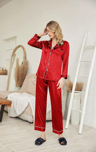 Holiday Satin Red Wine Printed Long Sleeve Pajamas Top & Pants Set