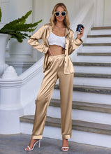 Load image into Gallery viewer, Holiday Satin Champagne Gold Printed Long Sleeve Pajamas Top &amp; Pants Set
