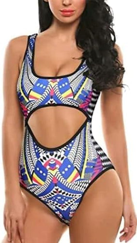 One Piece Blue Aztec Hollow Out Swimsuit