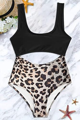 One Piece Black/Cheetah Hollow Out Swimsuit