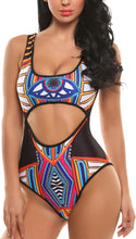 Load image into Gallery viewer, One Piece Black Aztec Hollow Out Swimsuit