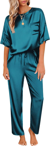 Silk Satin Teal Comfy Short Sleeve Pajamas Top & Pants Set