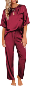 Silk Satin Red Wine Comfy Short Sleeve Pajamas Top & Pants Set