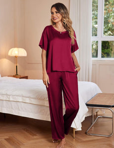 Silk Satin Red Wine Comfy Short Sleeve Pajamas Top & Pants Set