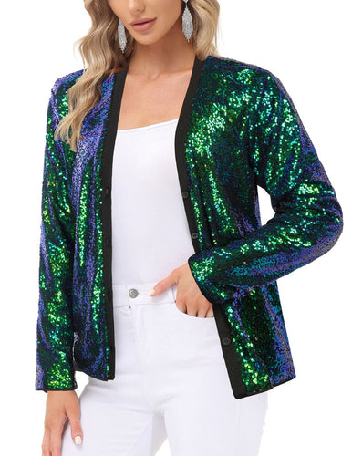 Emerald Green Sequined Long Sleeve Party Blazer