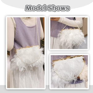 Elegant Pink Feathered Pearl Chain Strap Evening Bag